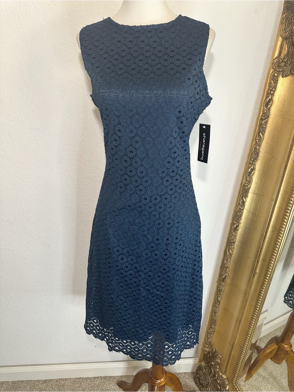 NWT Sharagano University Navy Lace Overlay Sleeveless Shift Dress Size 4